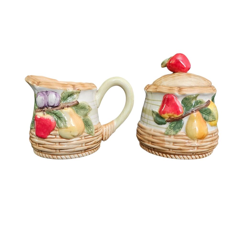 TQ Handicrafts Ceramic Creamer Sugar Bowl Set Fruit Basketweave Apple Lid